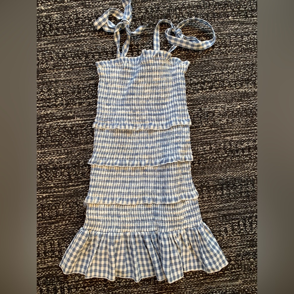 Katie J NYC - girls size M - Blue/White Gingham Ties Shoulder Rusched Dress